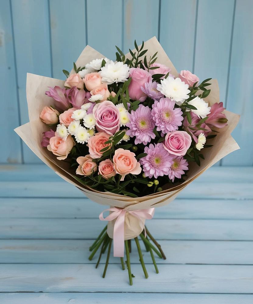 Букет цветов из: Хризантемы, Розы и Альстромерии в Подстепки