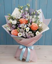 Букет цветов из:  Лизиантусы, Розы, Альстромерии и Гипсофила #REPLACE_PRED# Подстепки