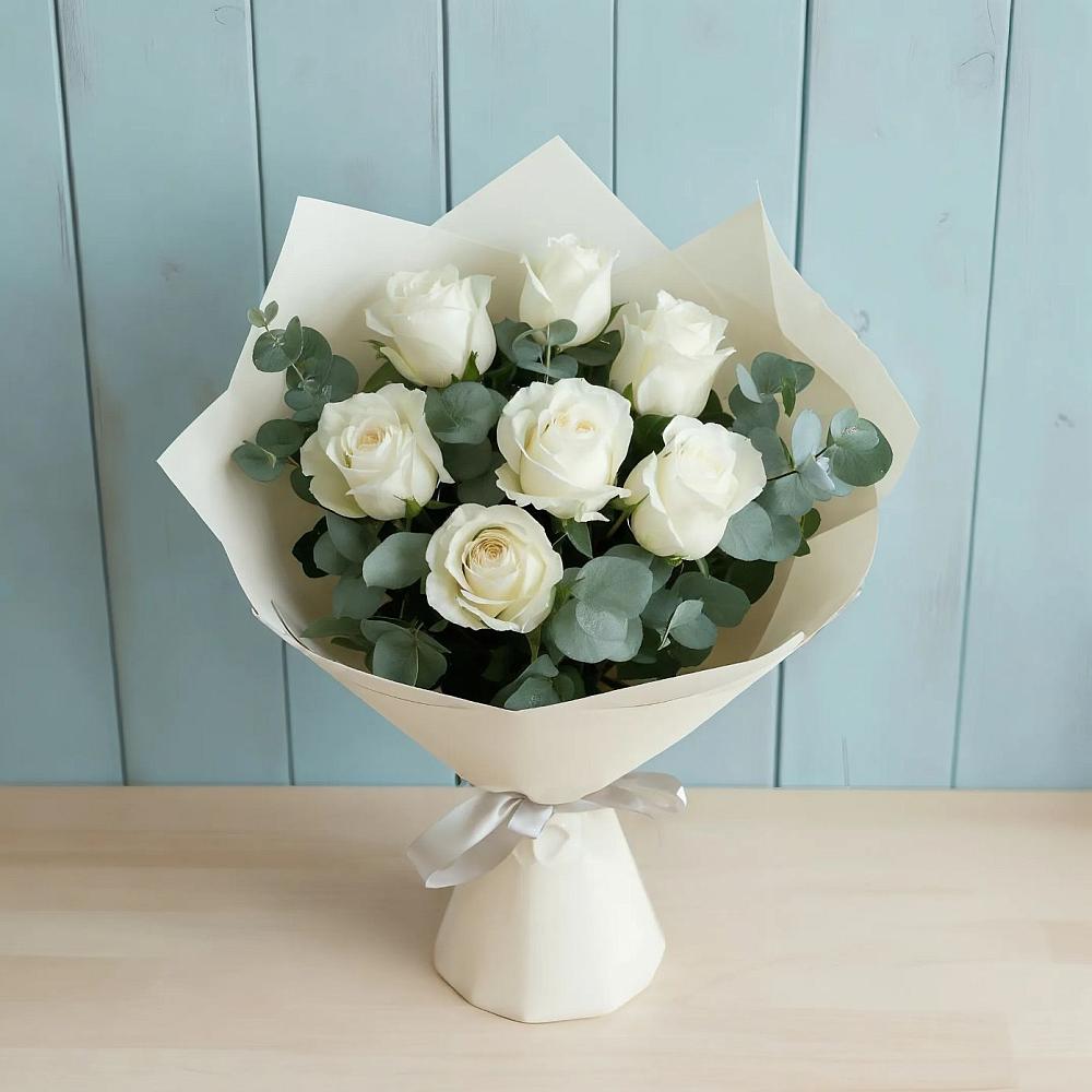 Букет Белые розы в Эвкалипте в Подстепки